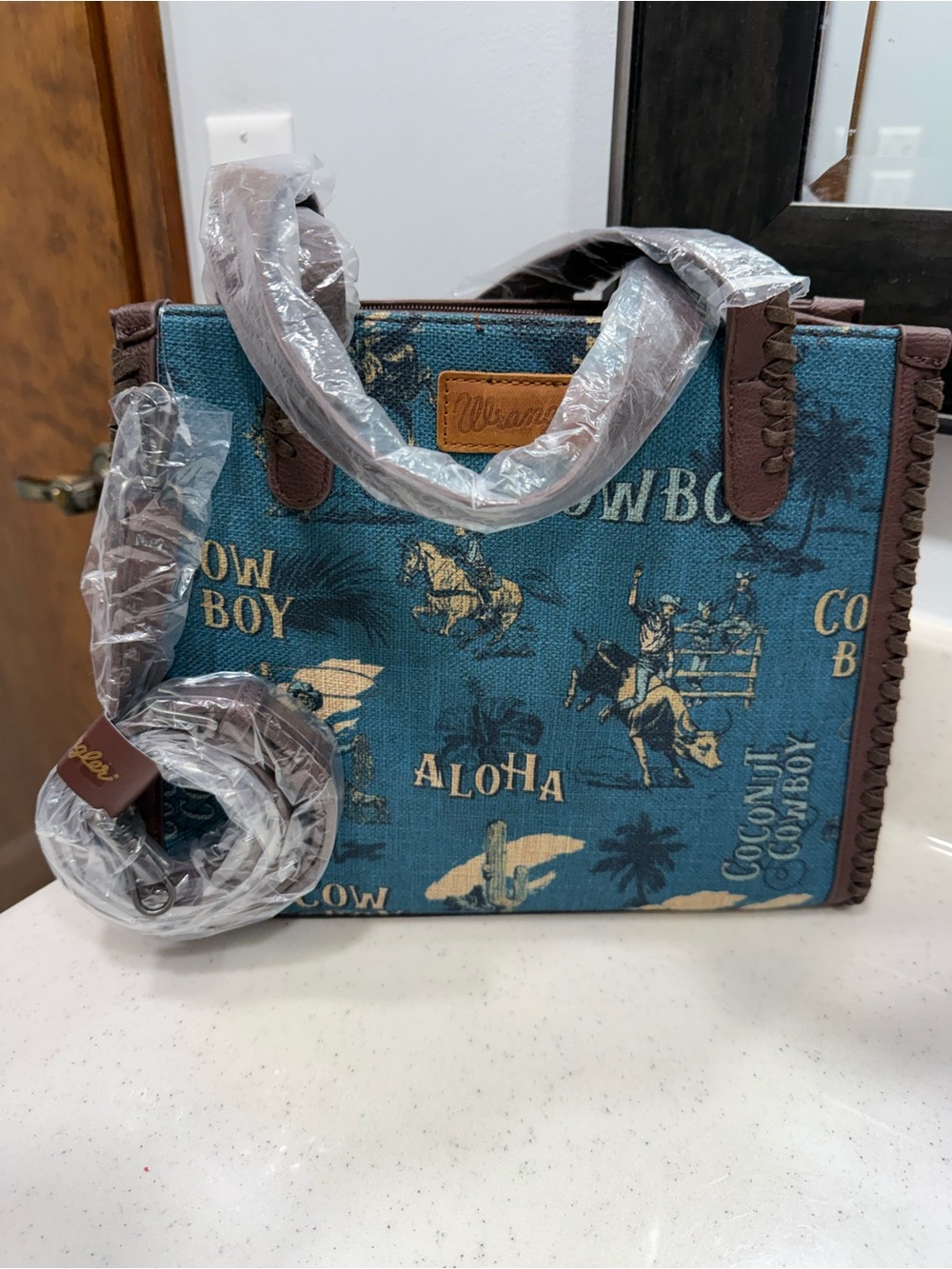Wrangler Teal Aloha Cowboy Canvas Tote with Brown Trim